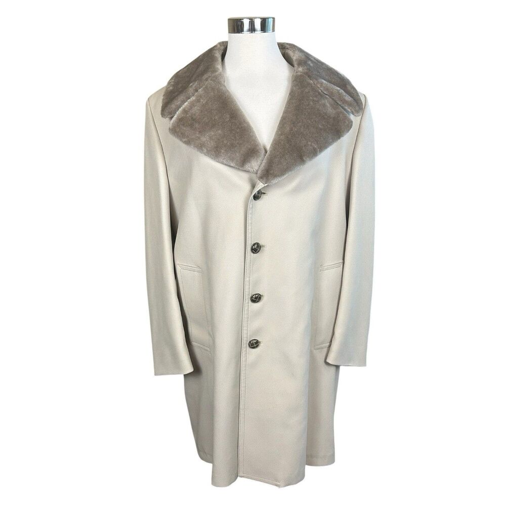 VTG London Fog Men’s Overcoat Faux Fur Collar Tan Trench Button Up 42R